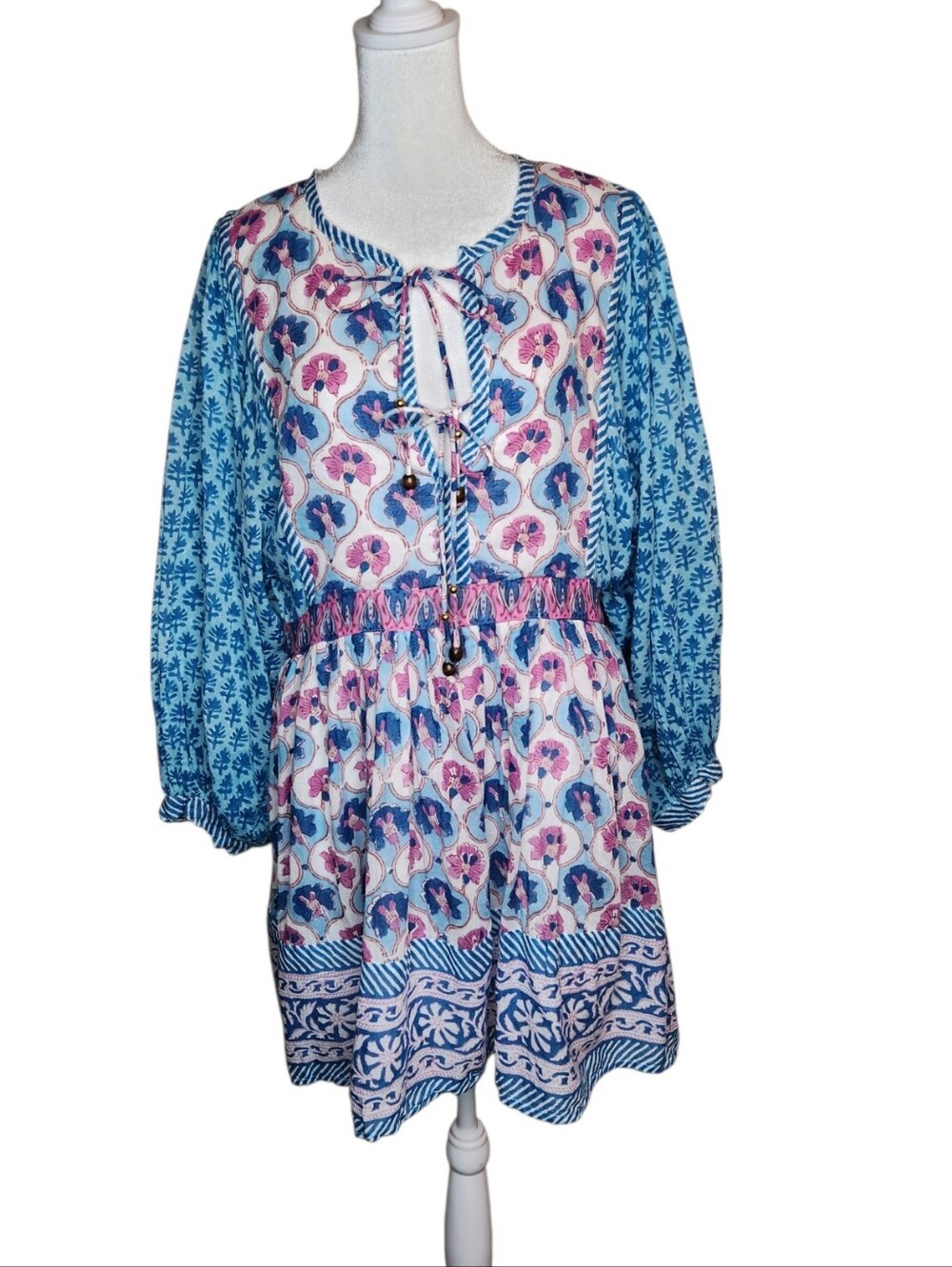 Oliphant Iris Blue Block Print Tie Front Dress Balloon Sleeve Size Medium